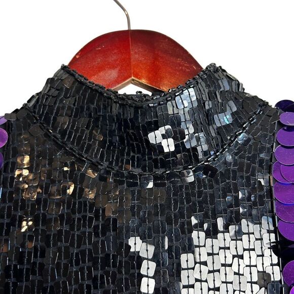 CEDARS VINTAGE SILK SEQUIN PARTY DRESS SIZE 4 Gold Purple Mini Long Sleeve 80s - Picture 9 of 16